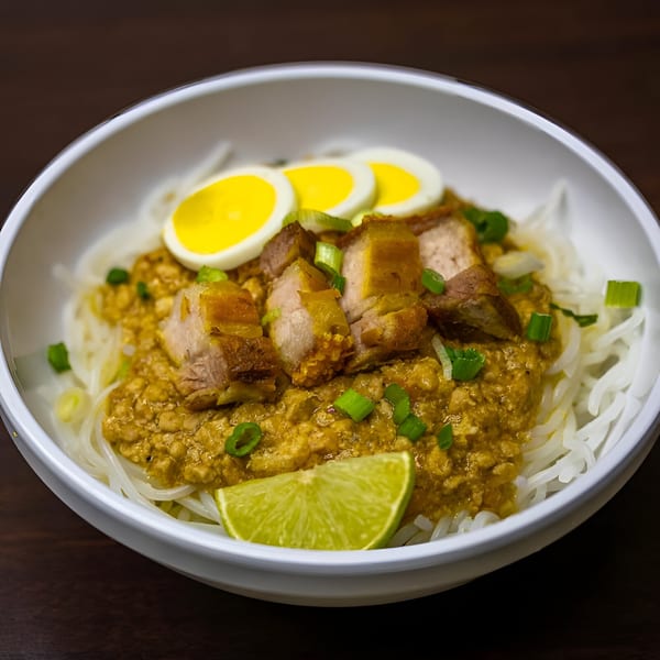 Filipino Pancit Palabok with crispy pork belly, sliced eggs, and lime in a white bowl.