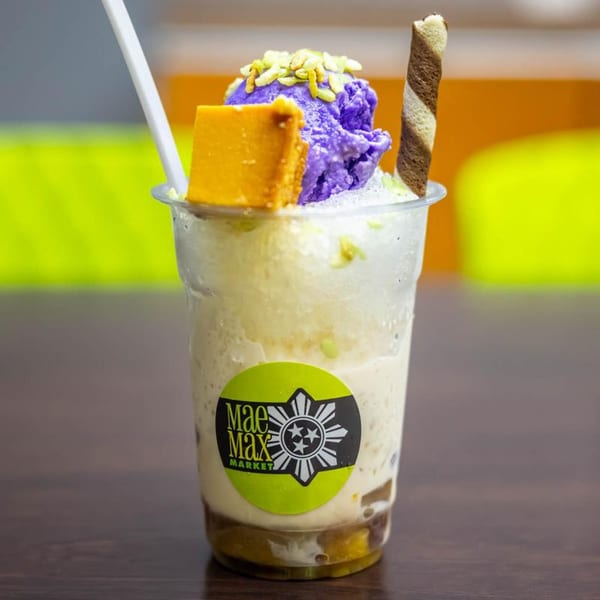 Maemax Market's Halo-Halo dessert with ube ice cream, leche flan, and a wafer stick.